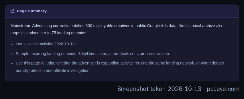 Mainstream Advertising page summary showing its landing-domain count